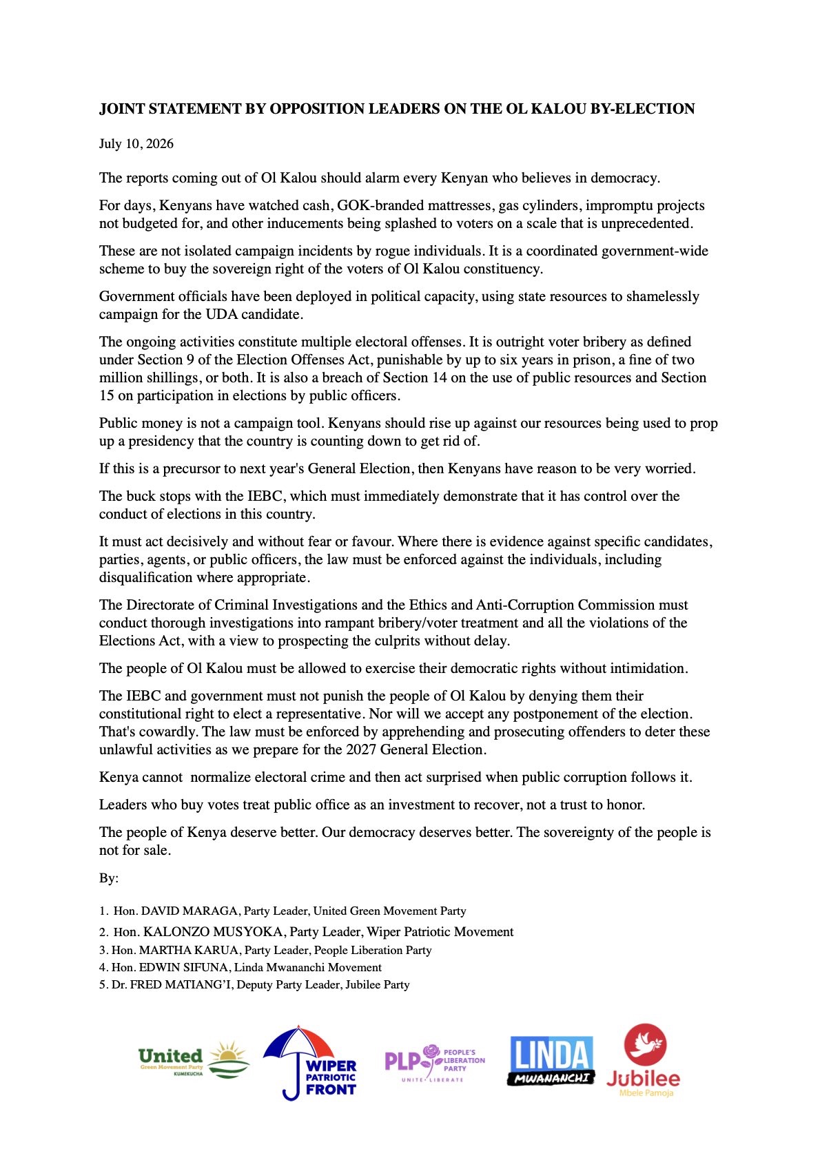 Joint Statement by Opposition Leaders on the Ol-Kalou By-Election